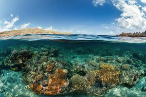 Underwater coral reef scene with clear blue water. photo