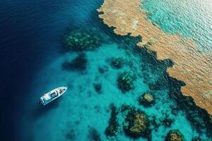 Aerial view of a boat near vibrant coral reefs. photo