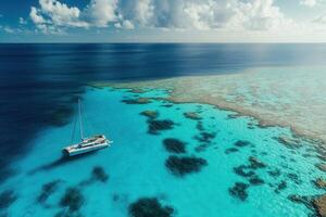 A serene view of a sailboat on turquoise waters. photo