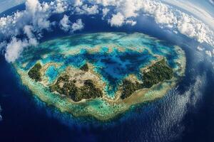 Aerial view of a tropical island surrounded by clear waters. photo