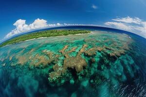 Aerial view of vibrant coral reef and tropical island. photo