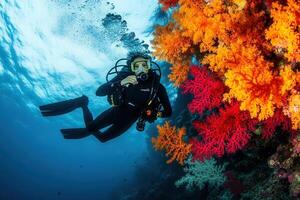 Diver exploring vibrant coral reef underwater. photo