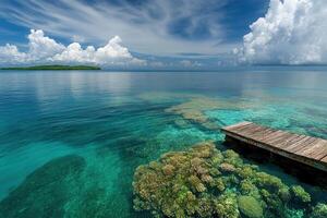 Serene coastal view with coral and wooden dock. photo