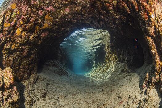 Underwater cave with light filtering through water. photo