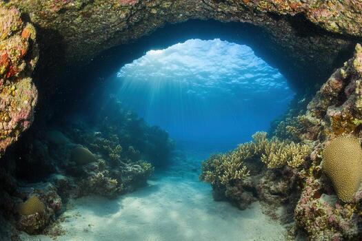 Underwater cave with coral and sunlight rays. photo