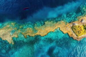 Aerial view of a vibrant coral reef and turquoise waters. photo