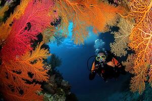 Diver exploring vibrant coral reef underwater. photo