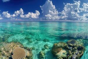 Clear turquoise waters with coral and clouds above. photo