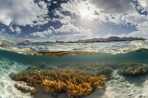 Underwater coral reef scene with sunlit surface. photo