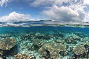 Underwater coral reef with clear blue water and clouds. photo