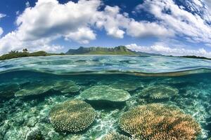 Underwater coral reef with mountains in the background. photo