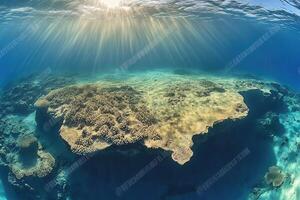 Underwater coral reef with sunlight rays illuminating. photo