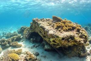 Underwater scene featuring coral and rock formations. photo