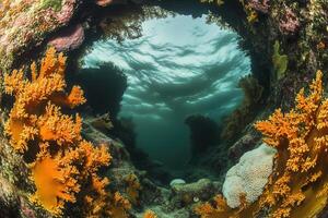 Underwater scene framed by vibrant coral formations. photo