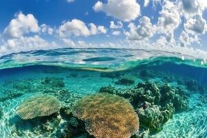 Underwater scene with coral reefs and clear water. photo