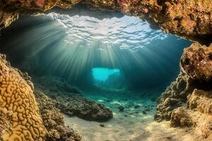 Underwater scene with light rays and coral formations. photo
