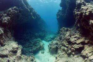 Underwater scene with rocky formations and clear water. photo