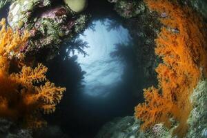 Underwater scene with vibrant orange coral formations. photo