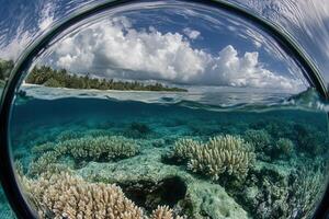 Underwater view of coral reef and sky reflection. photo