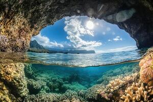 Underwater view of coral reef through a rocky arch. photo