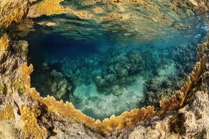 Underwater view of coral reef with clear blue water. photo