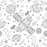 seamless pattern with cartoon space satellite, planets, and stars. Design for digital print,stickers and coloring book vector