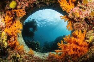 Underwater scene framed by coral and ocean view. photo