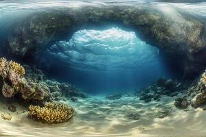 Underwater scene showcasing coral and natural archway. photo