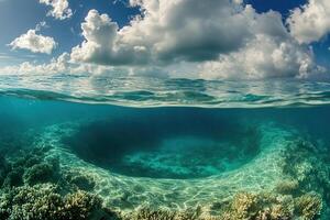 Underwater scene showing coral and clear water surface. photo