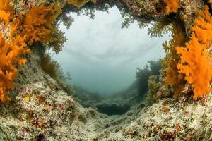 Underwater view framed by colorful seaweed. photo