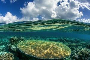 Underwater scene with coral and sunlight reflections. photo