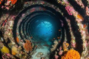 Underwater tunnel surrounded by vibrant coral reefs. photo