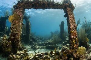 Underwater view of a coral-encrusted frame. photo