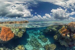 Underwater view of a vibrant coral reef and ocean. photo
