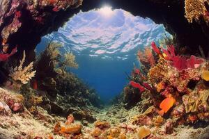 Underwater scene with vibrant coral and sunlight. photo
