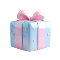 3d icon of a pastel blue gift box wrapped with a pink ribbon and bow, isolated on a transparent background png