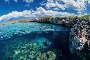 Underwater view of coral reefs and clear blue waters. photo