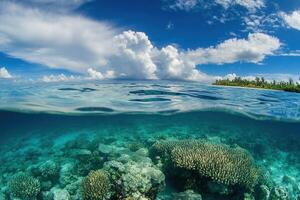 Underwater view of coral reefs and clear ocean water. photo
