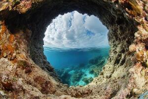 Underwater view through a rocky opening into the ocean. photo