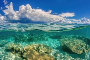 Underwater view showcasing coral reefs and blue skies. photo