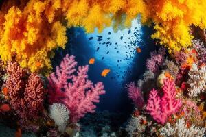 Vibrant coral reef teeming with colorful marine life. photo