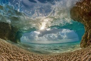 Underwater view of waves and coral formations. photo