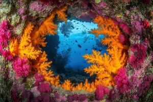 Vibrant coral reef scene with colorful marine life. photo