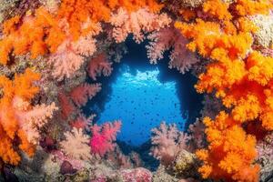 Vibrant coral reef scene with colorful marine life. photo
