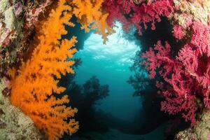 Vibrant coral reef scene with colorful marine life. photo