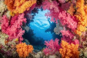 Vibrant coral reef scene with colorful marine life. photo