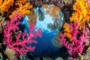 Vibrant coral reef scene with colorful marine life. photo
