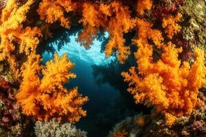 Vibrant coral formations in an underwater scene. photo