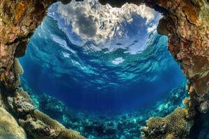 Underwater view through a coral arch with sunlight. photo
