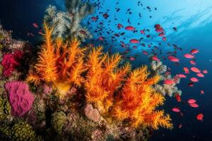 Vibrant coral reef teeming with colorful fish. photo